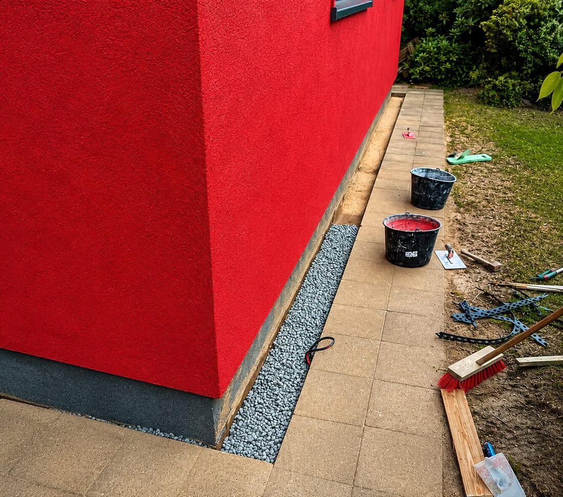 Ausgebesserte Hauswand mit neuem Kiesstreifen