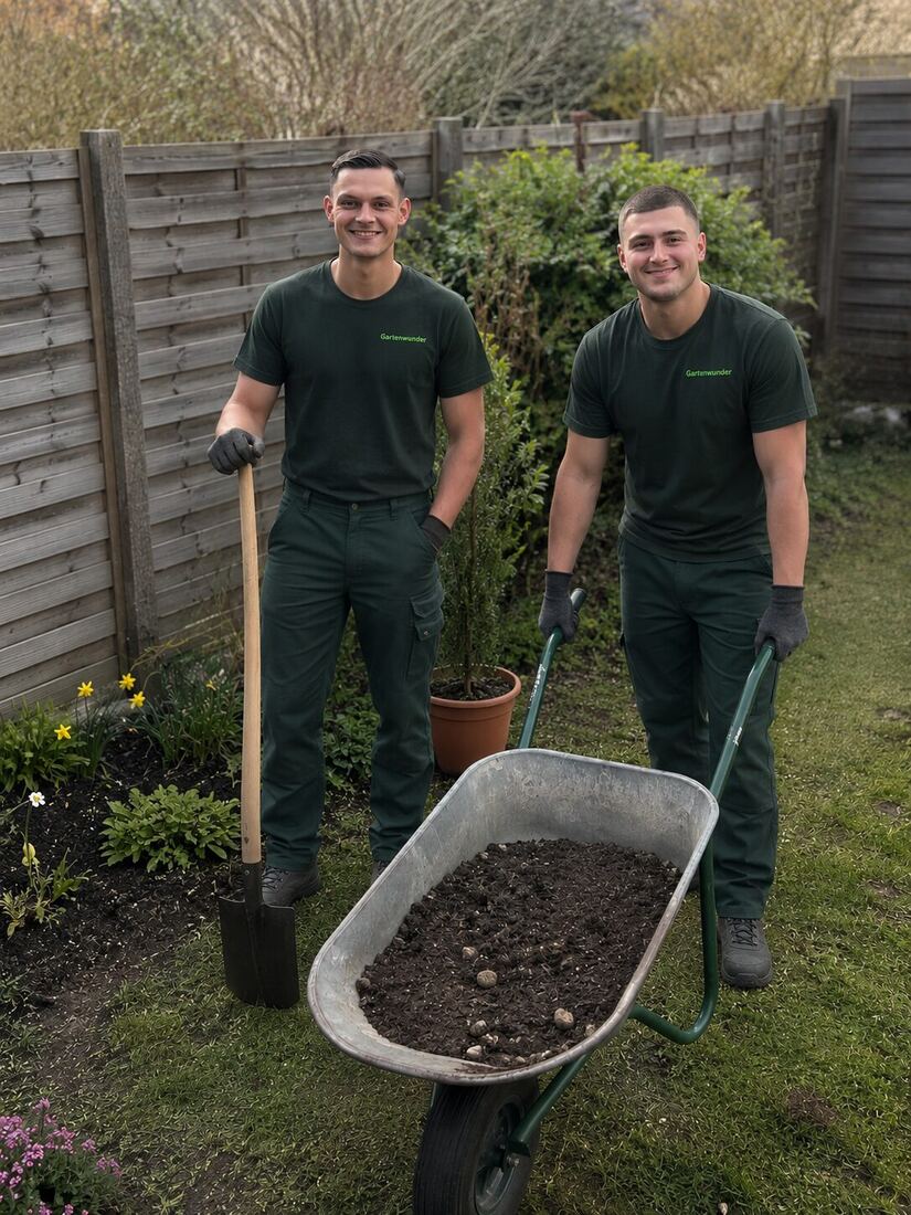 Die Gründer von Gartenwunder mit Spaten und Schubkarre